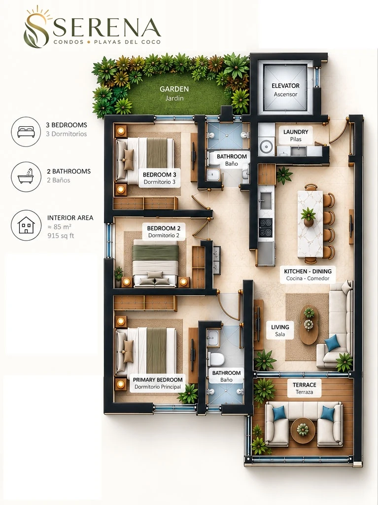 Serena Condos 1st and 2nd floor 3-bedroom 2.5-bath floor plan (125 m2 / 1,345 sq ft)